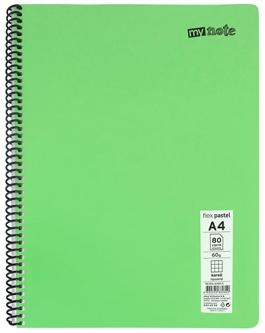 MYNOTE DEFTER FLEX PASTEL PP KAPAK SPİRALLİ A4 120 YP KARELİ MFXPA-A4120-K