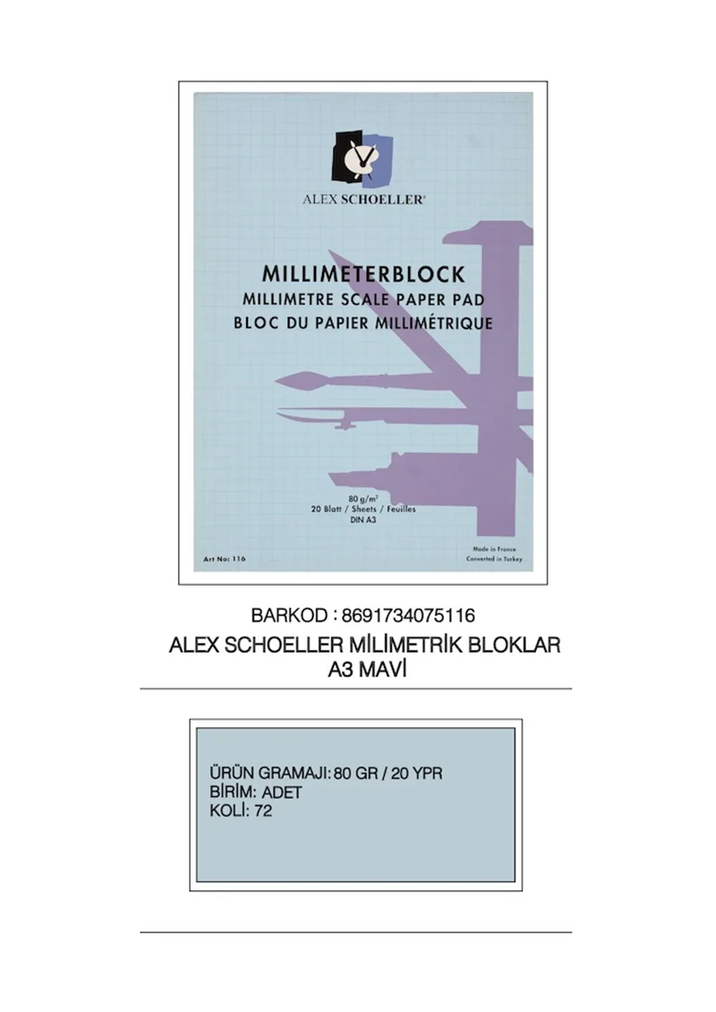 ALEX MİLİMETRİK BLOK A3 80 GR MAVİ 20 YP 003.01