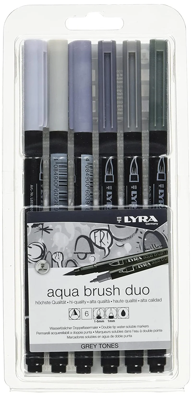LYRA KEÇELİ KALEM AQUA BRUSH DUO FIRÇA UÇLU 6 LI ASKILI PAKET GREY L6521063