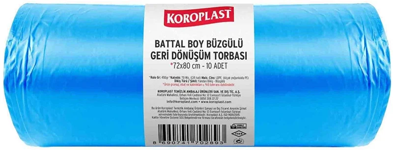 PASİF KOROPLAST ÇÖP TORBASI BATTAL 72x80 BÜZGÜLÜ GERİ DÖNÜŞÜM MAVİ 450 GR 10 LU 70 MİC. ST01600177