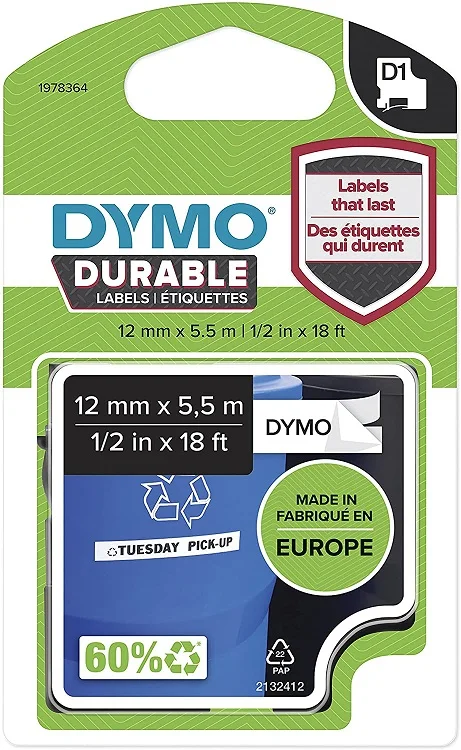 DYMO ŞERİT D1 KALICI 12MM x 5.5MT BEYAZ/SİYAH 1978364