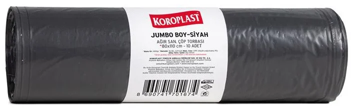 KOROPLAST ÇÖP TORBASI AĞIR SANAYİ JUMBO SİYAH 80x110 800 GR 10 LU 96 MİC. ST01500345