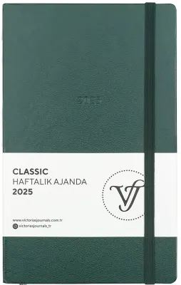 VJ AJANDA 2025 HAFTALIK 13x21 CLASSIC SERT KAPAK IVORY 100 GR LASTİKLİ YEŞİL 144 SF. 124-1412