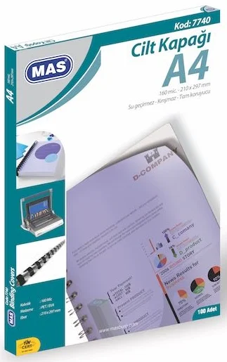 MAS CİLT KAPAĞI 7740 A4 160 MIC 100 LÜ BEYAZ