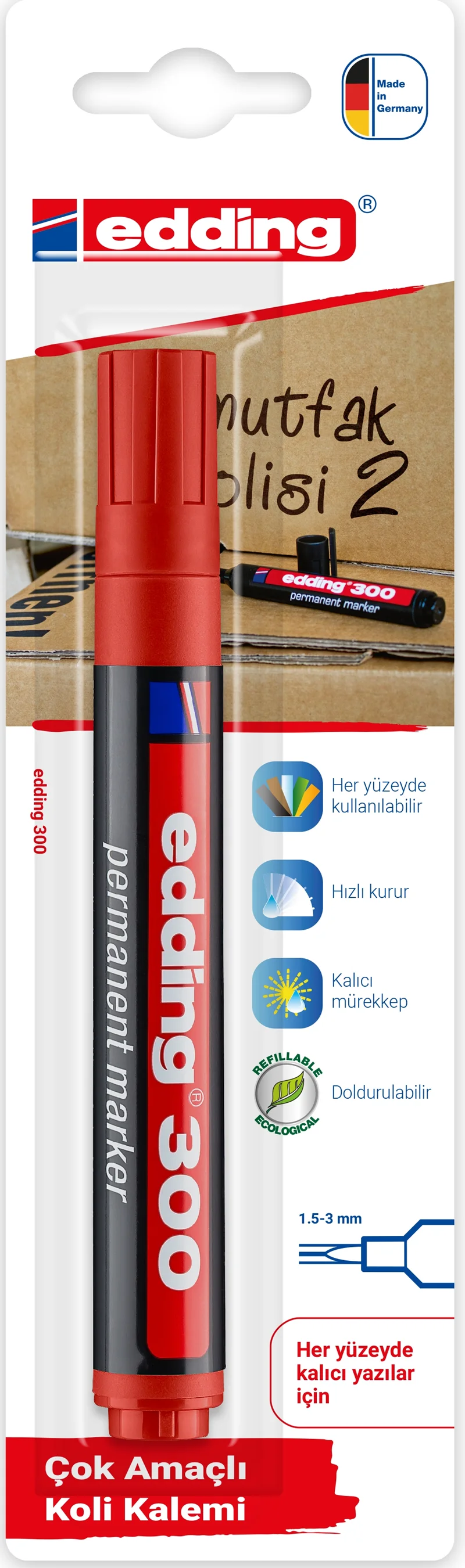 EDDING PERMANENT MARKÖR E-300 TEKLİ BLS. KIRMIZI