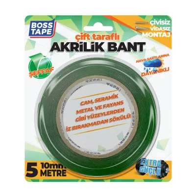 BOSS TAPE MONTAJ BANDI ÇİFT TARAFLI AKRİLİK 10 MM x 5M BLS. BT-01006