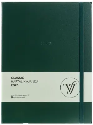 VJ AJANDA 2026 CLASSİC HAFTALIK A4 19X25CM SERT KAPAK IVORY 100 GR.144 SAYFA CEPLİ LASTİKLİ YEŞİL 22