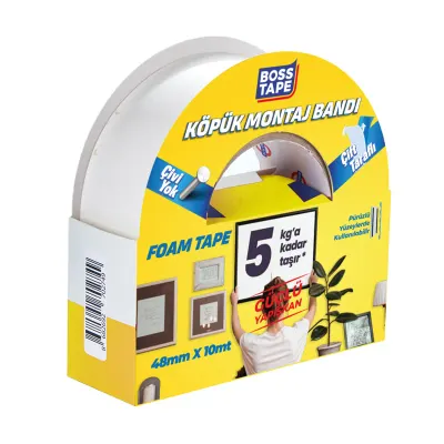 BOSS TAPE MONTAJ BANDI ÇİFT TARAFLI KÖPÜK BEYAZ 5 KG 48 MM x 10M BLS. BT-01014
