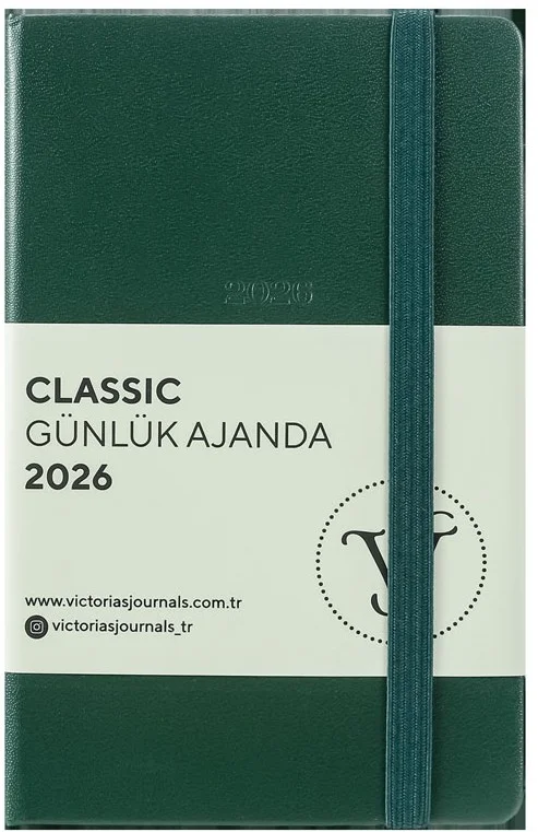 VJ AJANDA 2026 CLASSİC GÜNLÜK 9X14 CM SERT KAPAK IVORY 70 GR 384 SAYFA CEPLİ LASTİKLİ YEŞİL 226-2425