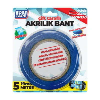 BOSS TAPE MONTAJ BANDI ÇİFT TARAFLI AKRİLİK 19 MM x 5M BLS. BT-01005