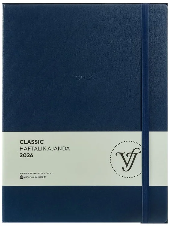 VJ AJANDA 2026 CLASSİC HAFTALIK A4 19X25CM SERT KAPAK IVORY 100 GR.144 SAYFA CEPLİ LASTİKLİ LACİVERT