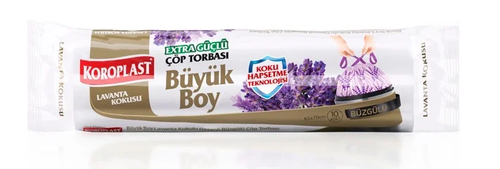 KOROPLAST ÇÖP TORBASI BÜYÜK 65x70 BÜZGÜLÜ EKSTRA GÜÇLÜ LAVANTA KOKULU 10 LU ST01600159