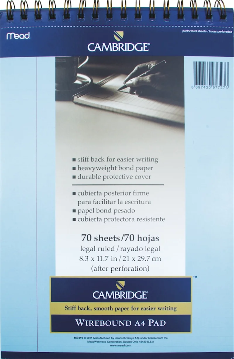 MEAD BLOKNOT CAMBRIDGE SPİRALLİ KARTON KAPAK A4 MAVİ 70 YP ÇİZGİLİ M-159419