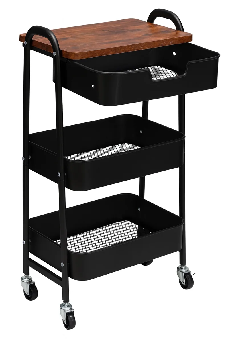KRAF RAF ÜNİTESİ TEKERLEKLİ METAL 3 KATLI 495G SİYAH (ÇEKMECELİ)