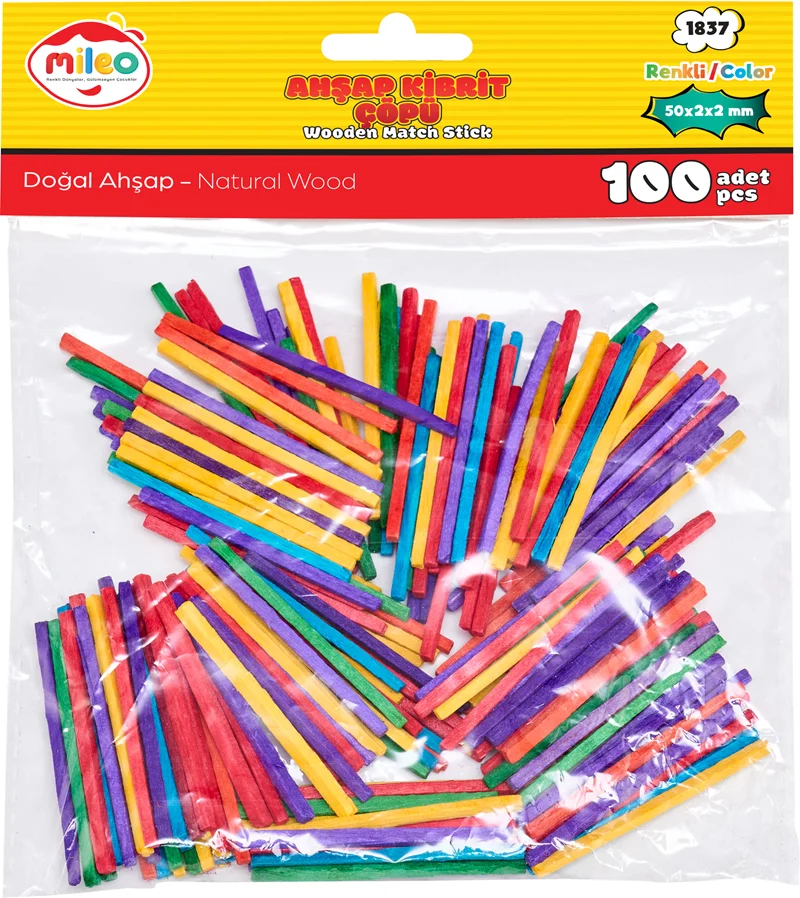 MİLEO AHŞAP ÇUBUK KİBRİT ÇÖPÜ 2 X 2 X 50 MM RENKLİ 1837
