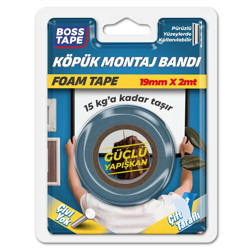 BOSS TAPE MONTAJ BANDI ÇİFT TARAFLI KÖPÜK BEYAZ 15 KG 19 MM x 2M BLS. BT-01016