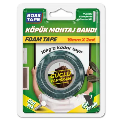 BOSS TAPE MONTAJ BANDI ÇİFT TARAFLI KÖPÜK SİYAH 10 KG 19 MM x 2M BLS. BT-01020
