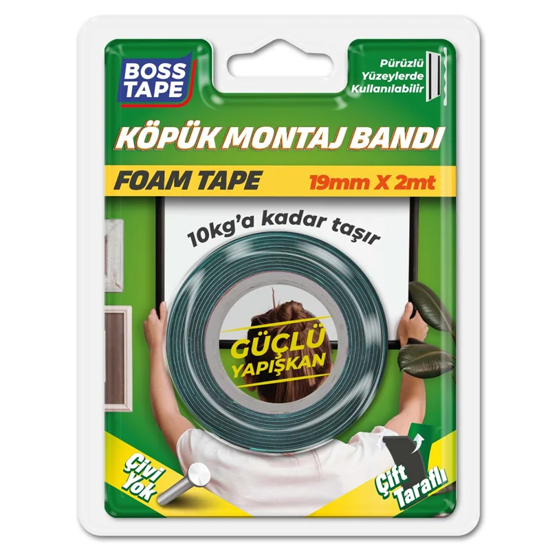 BOSS TAPE MONTAJ BANDI ÇİFT TARAFLI KÖPÜK SİYAH 10 KG 19 MM x 2M BLS. BT-01020