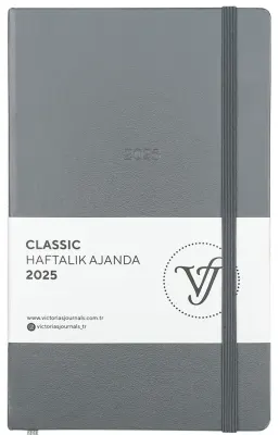 VJ AJANDA 2025 HAFTALIK 13x21 CLASSIC SERT KAPAK IVORY 100 GR LASTİKLİ GRİ 144 SF. 124-1416
