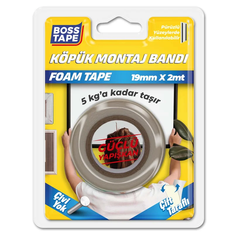 BOSS TAPE MONTAJ BANDI ÇİFT TARAFLI KÖPÜK BEYAZ 5 KG 19 MM x 2M BLS. BT-01012