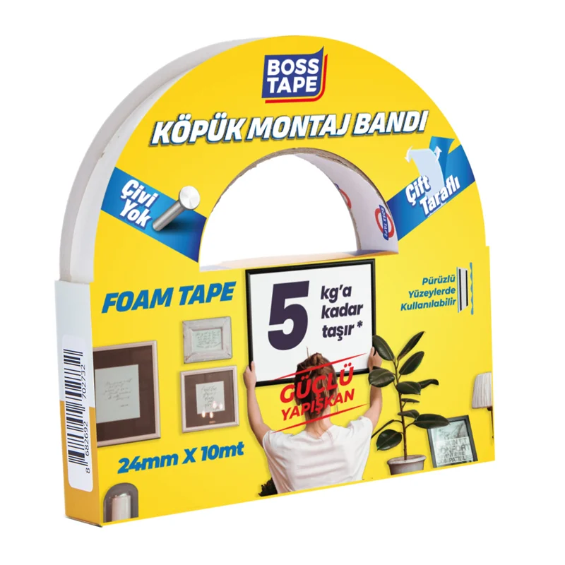 BOSS TAPE MONTAJ BANDI ÇİFT TARAFLI KÖPÜK BEYAZ 5 KG 24 MM x 10M BLS. BT-01013