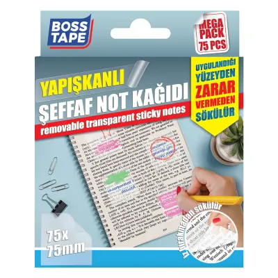 BOSS TAPE YAPIŞKANLI NOT KAĞIDI ŞEFFAF 75x75 MM 75 ADET BT-05005