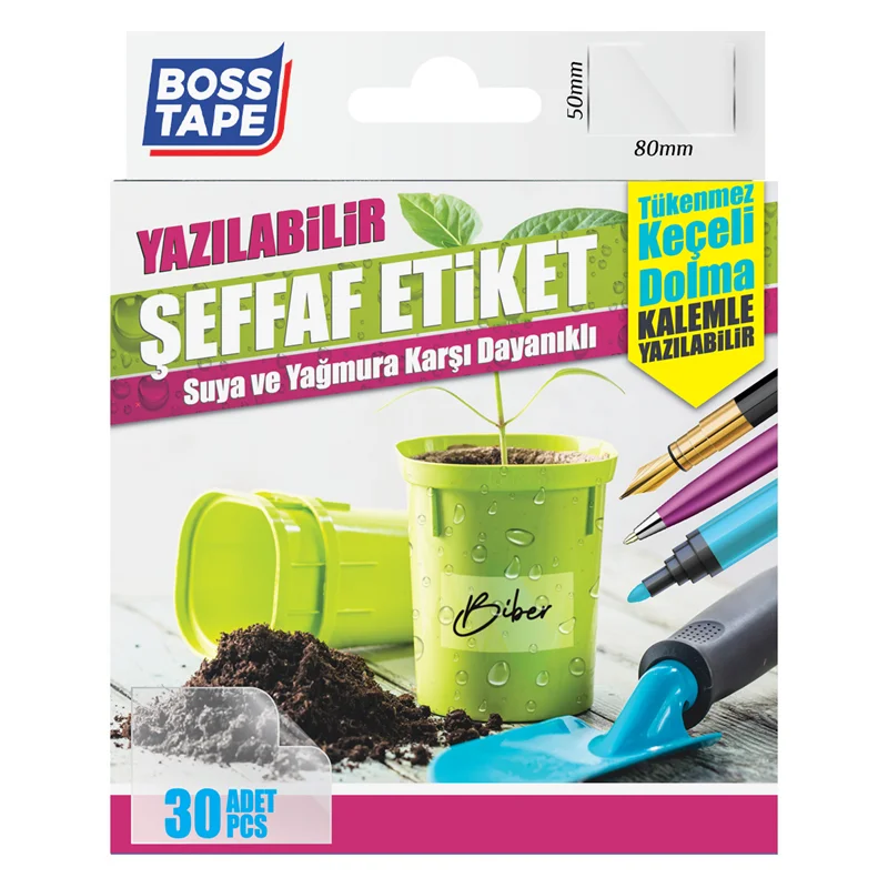 BOSS TAPE ÖZEL BANT YAZILABİLİR ŞEFFAF SAKSI-KAVANOZ ETİKETİ 50x80 MM 30 ADET BT-05003