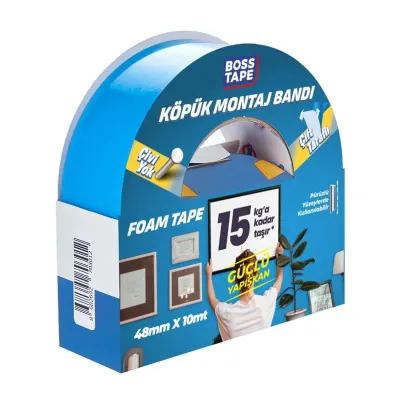 BOSS TAPE MONTAJ BANDI ÇİFT TARAFLI KÖPÜK BEYAZ 15 KG 48 MM x 10M BLS. BT-01018