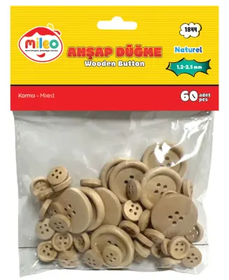 MİLEO AHŞAP DÜĞME 1,2 2,5MM KARMA 60'LI PKT NATUREL 1844