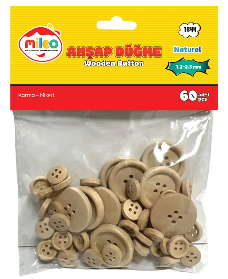 MİLEO AHŞAP DÜĞME 1,2 2,5MM KARMA 60'LI PKT NATUREL 1844