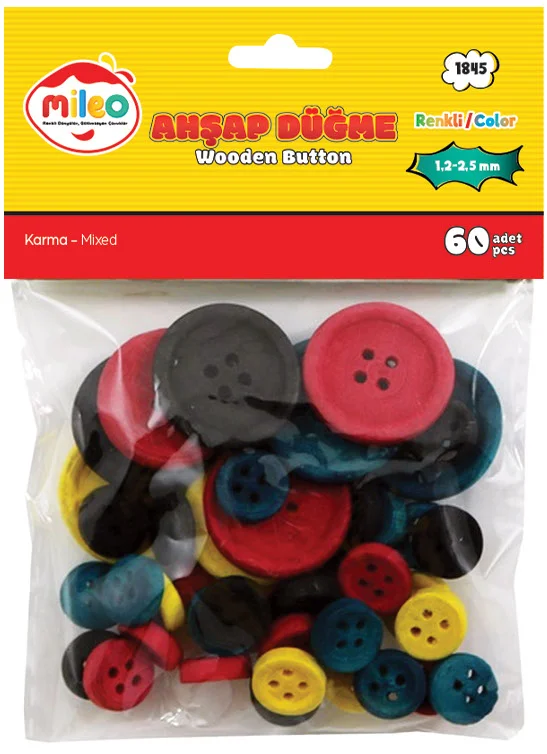 MİLEO AHŞAP DÜĞME 1,2 2,5MM KARMA 60'LI PKT RENKLİ 1845