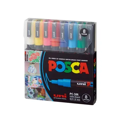 UNİ-BALL PC-3M/8C SET ANA RENKLER POSCA SU BAZLI MARKER (Best)