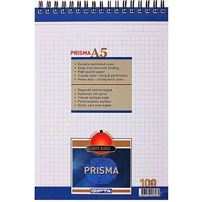 GIPTA PRISMA A5 100 YP. KARELİ SPİRALLİ KARTON KAPAK BLOKNOT 1380