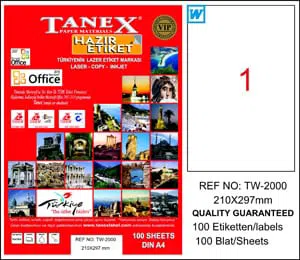 TANEX 210x297 ŞEFFAF LASER ETİKET 25 Lİ TW-2000