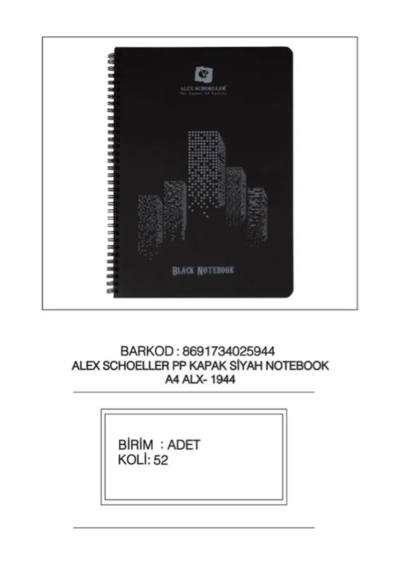 ALEX A4 60 YP SPR PP KAPAK SİYAH DEFTER ALX-1944 (Best)