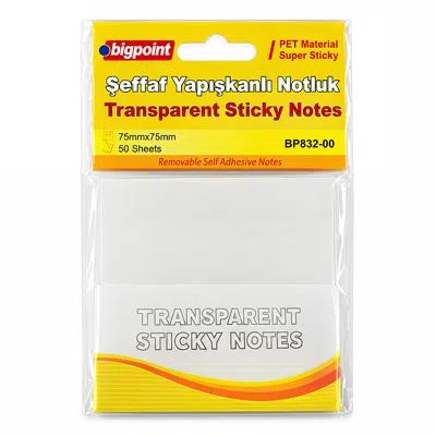 Bigpoint PET Yapışkanlı Şeffaf Notluk 75x75mm