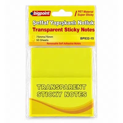 Bigpoint PET Yapışkanlı Şeffaf Notluk 75x75mm Sarı
