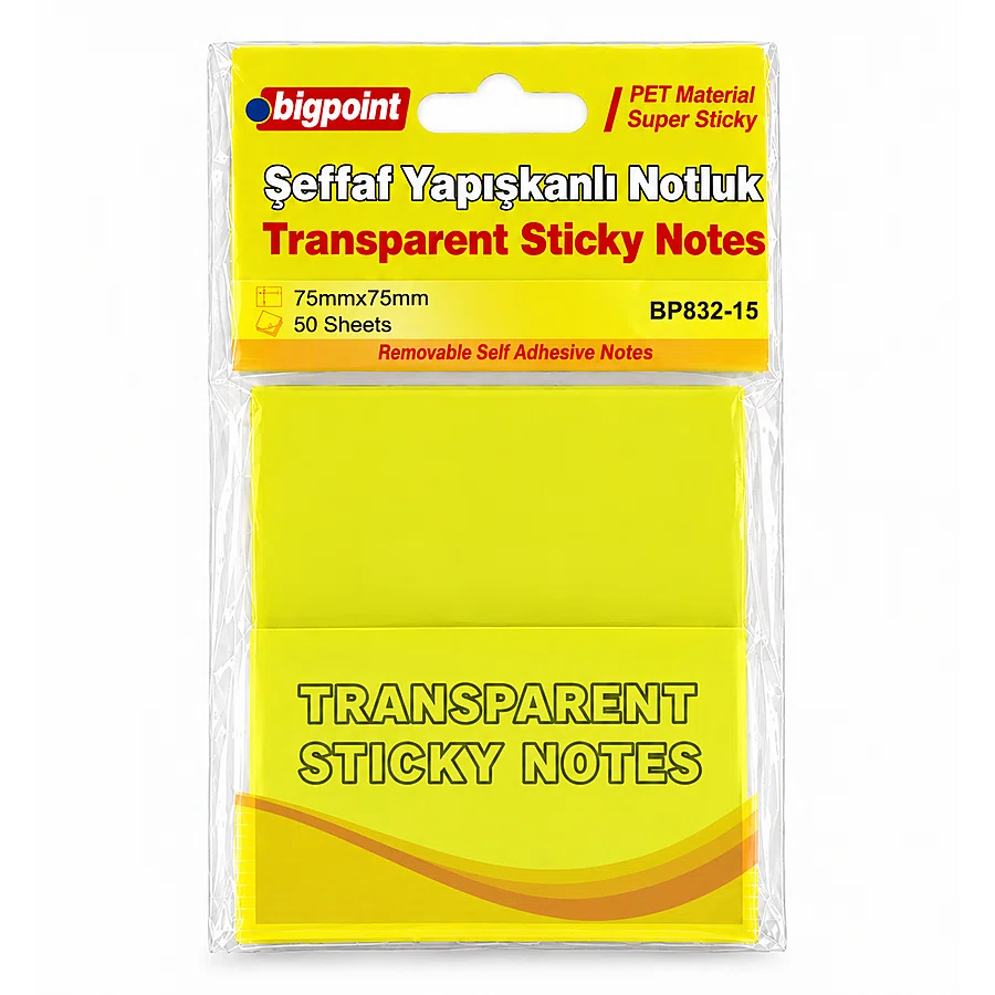 Bigpoint PET Yapışkanlı Şeffaf Notluk 75x75mm Sarı