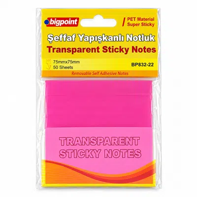 Bigpoint PET Yapışkanlı Şeffaf Notluk 75x75mm Pembe