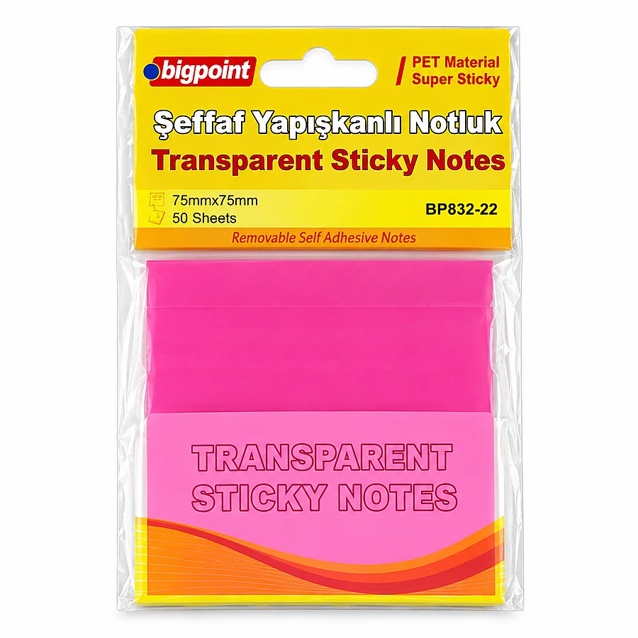 Bigpoint PET Yapışkanlı Şeffaf Notluk 75x75mm Pembe