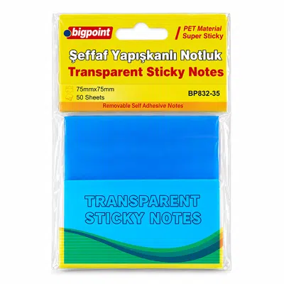 Bigpoint PET Yapışkanlı Şeffaf Notluk 75x75mm Mavi