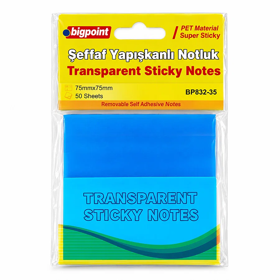 Bigpoint PET Yapışkanlı Şeffaf Notluk 75x75mm Mavi