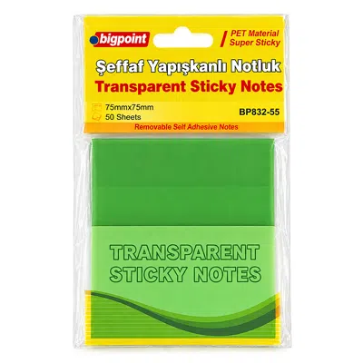 Bigpoint PET Yapışkanlı Şeffaf Notluk 75x75mm Yeşil