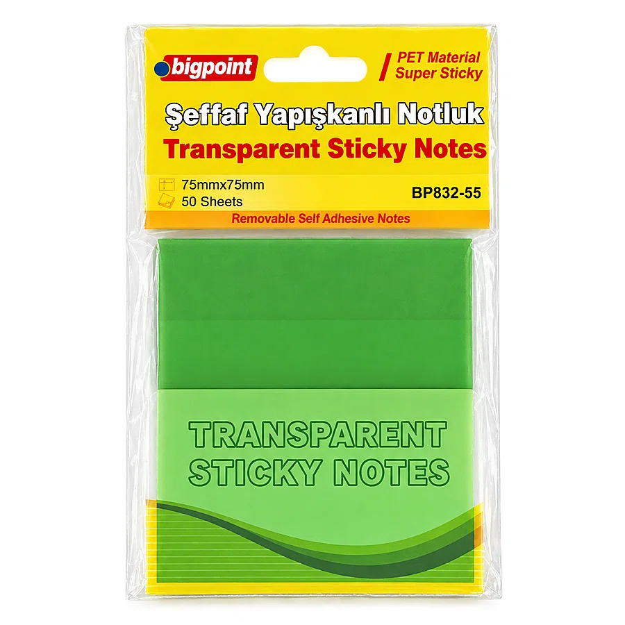 Bigpoint PET Yapışkanlı Şeffaf Notluk 75x75mm Yeşil