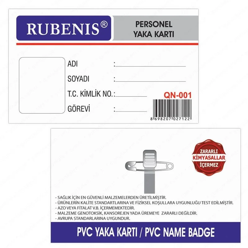 Rubenıs Yaka Kartı Pvc İğneli Qn-001