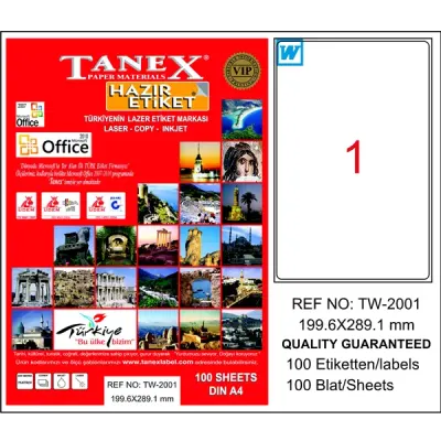 Tanex Laser Etiket 100 YP 199.6x289.1 Laser-Copy-Inkjet TW-2001