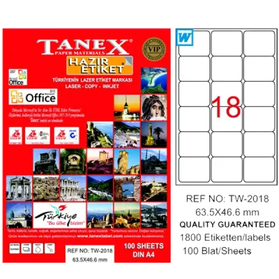 Tanex Laser Etiket 100 YP 63.5x46.6 Laser-Copy-Inkjet TW-2018