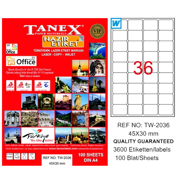 Tanex Laser Etiket 100 YP 45x30 Laser-Copy-Inkjet TW-2036