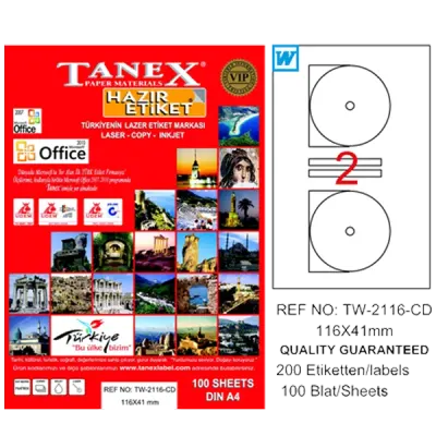 Tanex Cd Etiketi Laser-Copy-Inkjet 100 YP 116x41 MM TW-2116