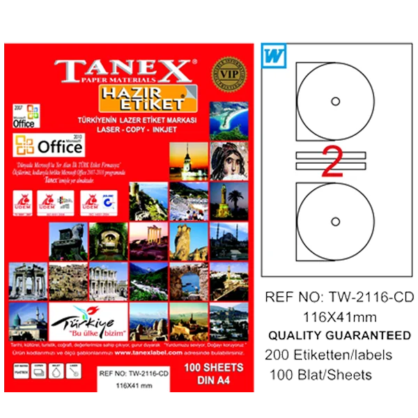 Tanex Cd Etiketi Laser-Copy-Inkjet 100 YP 116x41 MM TW-2116